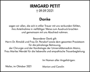 Traueranzeige von Irmgard Petit von vrm-trauer
