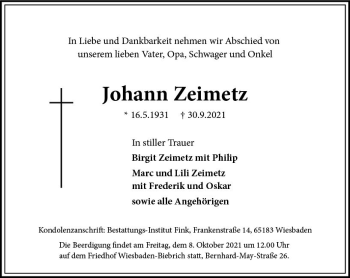 Traueranzeige von Johann Zeimetz von vrm-trauer