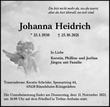 Traueranzeige von Johanna Heidrich von vrm-trauer