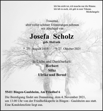 Traueranzeige von Josefa Scholz von vrm-trauer
