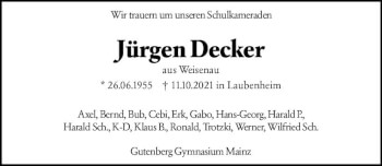 Traueranzeige von Jürgen Decker von vrm-trauer