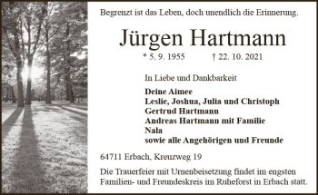 Traueranzeige von Jürgen Hartmann von vrm-trauer