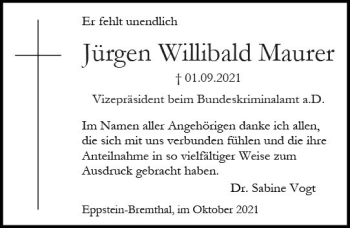 Traueranzeige von Jürgen Willibald Maurer von vrm-trauer