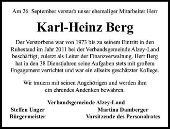 Traueranzeige von Karl-Heinz Berg von vrm-trauer