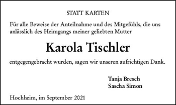 Traueranzeige von Karola Tischler von vrm-trauer