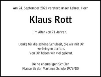 Traueranzeige von Klaus Rott von vrm-trauer