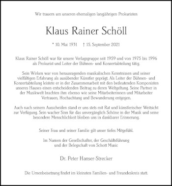 Traueranzeige von Klaus Rainer Schöll von vrm-trauer