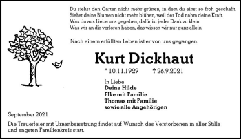 Traueranzeige von Kurt Dickhaut von vrm-trauer