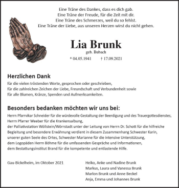 Traueranzeige von Lia Brunk von vrm-trauer