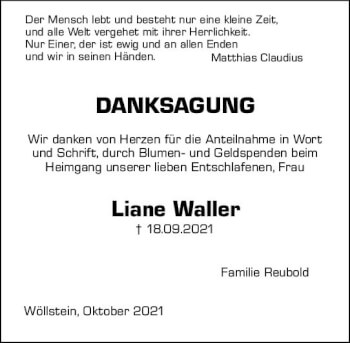Traueranzeige von Liane Waller von vrm-trauer
