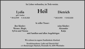 Traueranzeige von Lydia Heil von vrm-trauer
