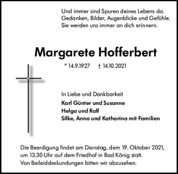 Traueranzeige von Margarete Hofferbert von vrm-trauer