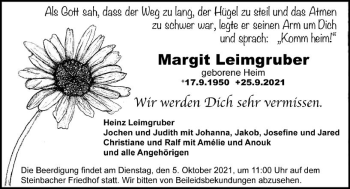 Traueranzeige von Margit Leimgruber von vrm-trauer