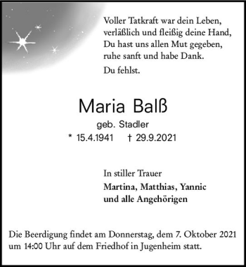 Traueranzeige von Maria Balß von vrm-trauer