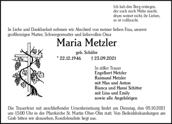Traueranzeige von Maria Metzler von vrm-trauer