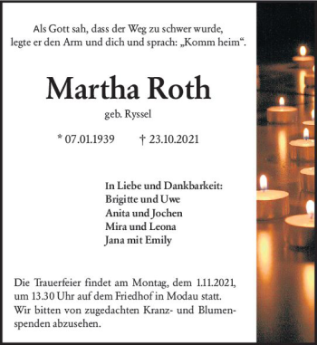 Traueranzeige von Martha Roth von vrm-trauer
