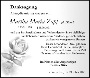 Traueranzeige von Martha Maria Zapf von vrm-trauer