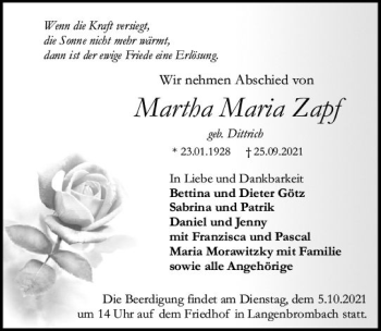 Traueranzeige von Martha Maria Zapf von vrm-trauer