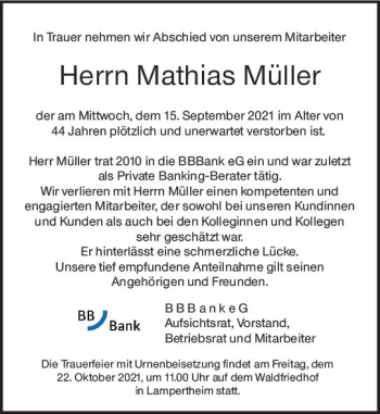Traueranzeige von Mathias Müller von vrm-trauer