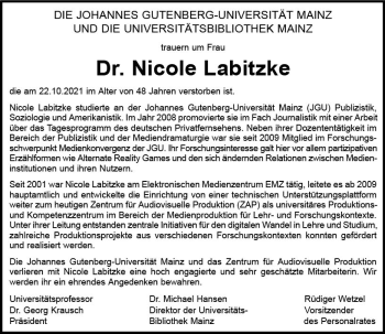 Traueranzeige von Nicole Labitzke von vrm-trauer