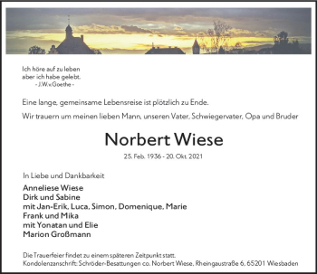 Traueranzeige von Norbert Wiese von vrm-trauer