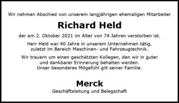 Traueranzeige von Richard Held von vrm-trauer