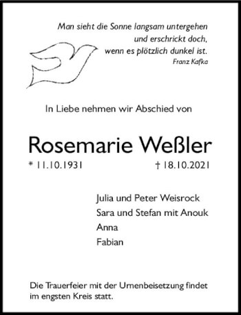 Traueranzeige von Rosemarie Weßler von vrm-trauer
