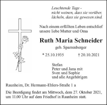 Traueranzeige von Ruth Maria Schneider von vrm-trauer