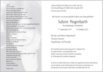 Traueranzeige von Sabine Hegenbarth von vrm-trauer