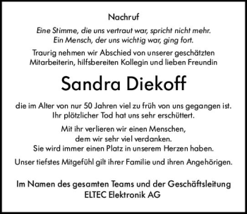 Traueranzeige von Sandra Diekoff von vrm-trauer
