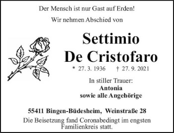 Traueranzeige von Settimio De Cristofaro von vrm-trauer