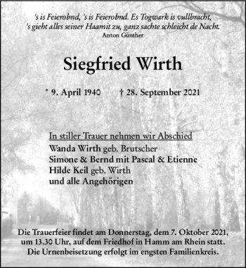 Traueranzeige von Siegfried Wirth von vrm-trauer