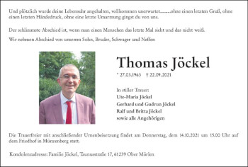 Traueranzeige von Thomas Jöckel von vrm-trauer