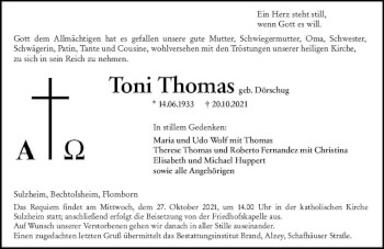 Traueranzeige von Toni Thomas von vrm-trauer