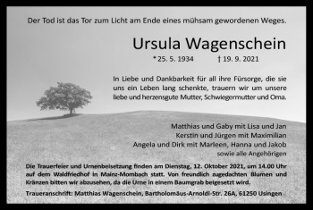 Traueranzeige von Ursula Wagenschein von vrm-trauer