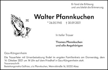 Traueranzeige von Walter Pfannkuchen von vrm-trauer