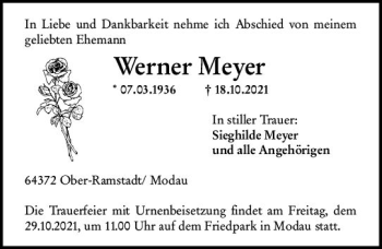 Traueranzeige von Werner Meyer von vrm-trauer
