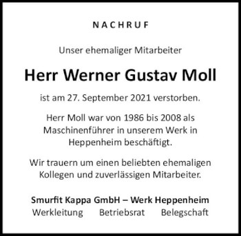 Traueranzeige von Werner Gustav Moll von vrm-trauer