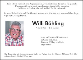 Traueranzeige von Willi Böhling von vrm-trauer