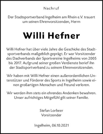 Traueranzeige von Willi Hefner von vrm-trauer
