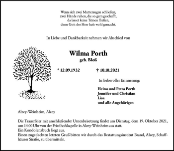 Traueranzeige von Wilma Porth von vrm-trauer
