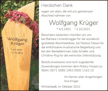 Traueranzeige von Wolfgang Krüger von vrm-trauer
