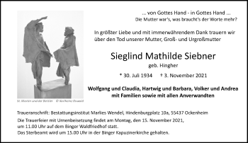 Traueranzeige von Sieglind Mathilde Siebner von VRM Tageszeitungen