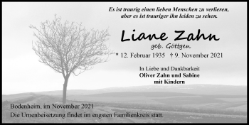 Traueranzeige von Liane Zahn von VRM Tageszeitungen