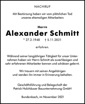 Traueranzeige von Alexander Schmitt von vrm-trauer