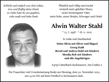 Traueranzeige von Alwin Walter Stahl von vrm-trauer