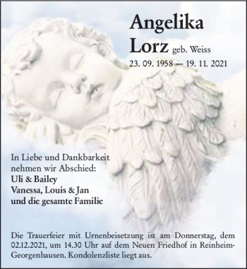 Traueranzeige von Angelika Lorz von vrm-trauer