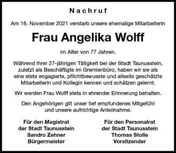 Traueranzeige von Angelika Wolff von vrm-trauer