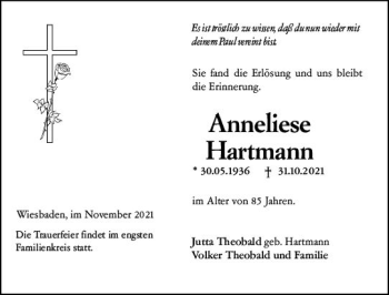 Traueranzeige von Anneliese Hartmann von vrm-trauer