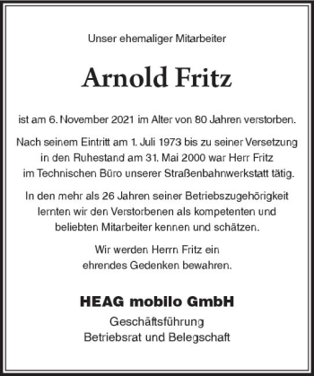Traueranzeige von Arnold Fritz von vrm-trauer
